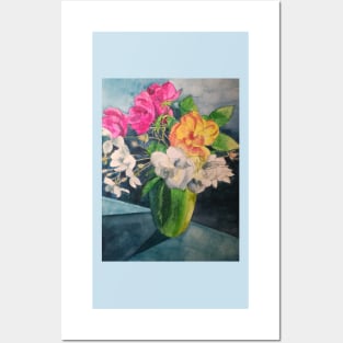 Vase of multicoloured roses in watercolour Posters and Art